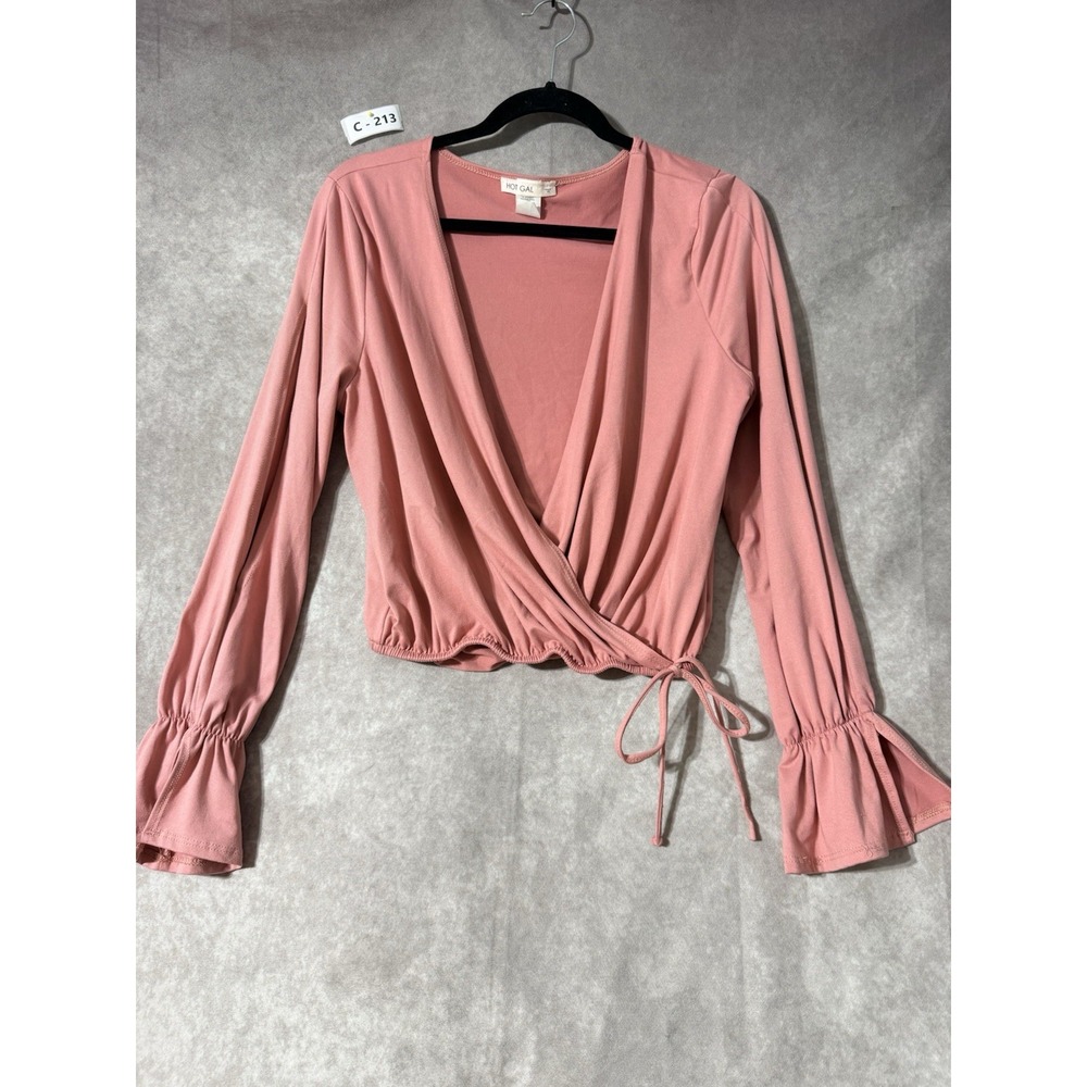 Hot Girl Top Women's Sz L Dusty Rose Wrap Style Slit Flutter Sleeve Crop Bottom